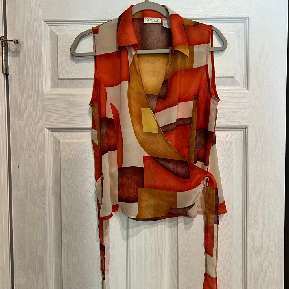 Caviar Wrap Top Polyester Chiffon Geometric Abstract Orange Multi Retro M
